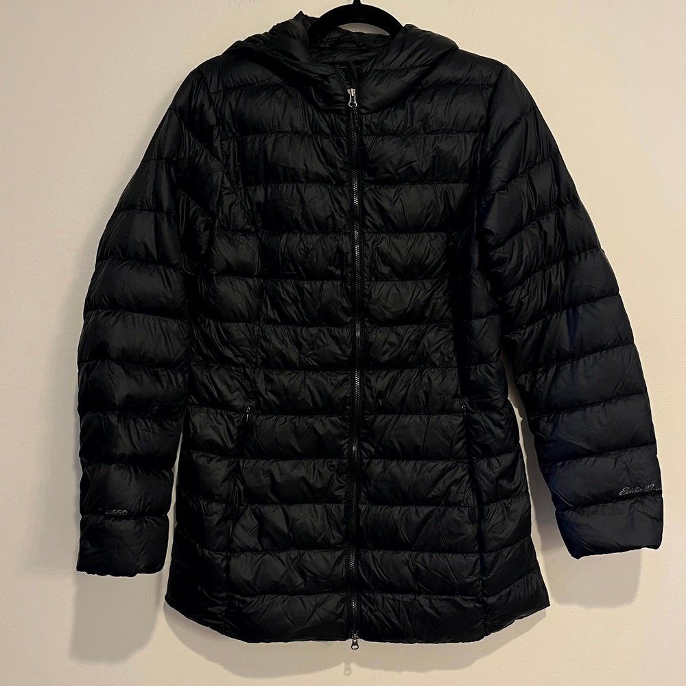 Eddie Bauer Puffer Jacket Black EB650 Hooded Down Parka Women Small